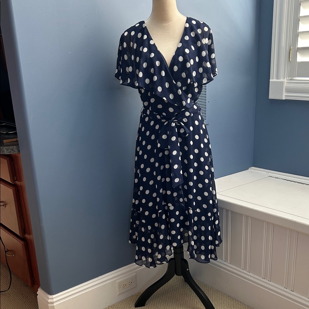NWT Size 14 Jessica Howard Navy and White Polka Dot Chiffon Dress